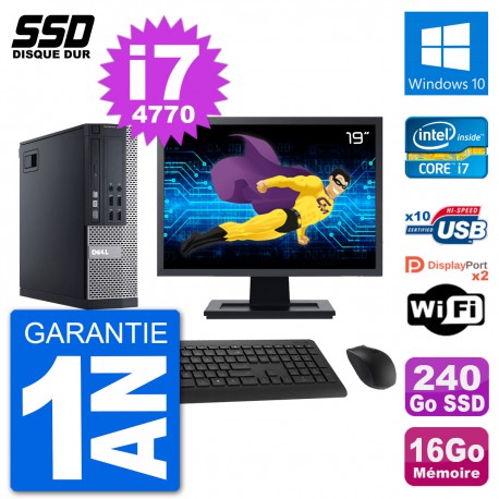 PC Dell 9020 SFF Ecran 19" Intel i7-4770 RAM 16Go SSD 240Go Windows 10 Wifi