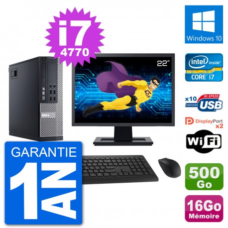 PC Dell 9020 SFF Ecran 22" Intel i7-4770 RAM 16Go Disque 500Go Windows 10 Wifi