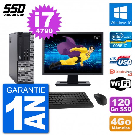 PC Dell 9020 SFF Ecran 19" Intel Core i7-4790 RAM 4Go SSD 120Go Windows 10 Wifi