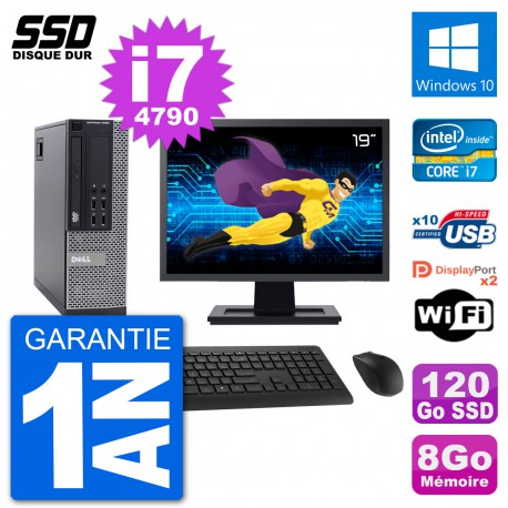 PC Dell 9020 SFF Ecran 19" Intel Core i7-4790 RAM 8Go SSD 120Go Windows 10 Wifi