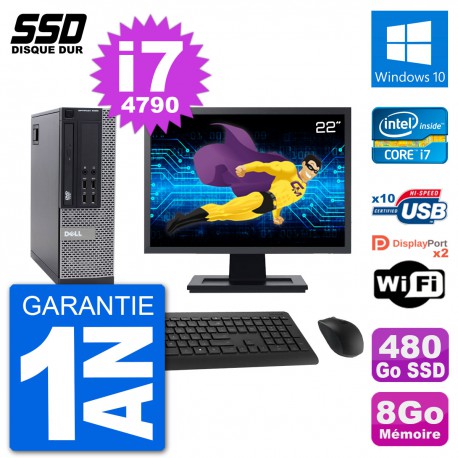 PC Dell 9020 SFF Ecran 22" Intel Core i7-4790 RAM 8Go SSD 480Go Windows 10 Wifi