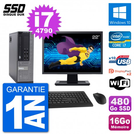 PC Dell 9020 SFF Ecran 22" Intel i7-4790 RAM 16Go SSD 480Go Windows 10 Wifi
