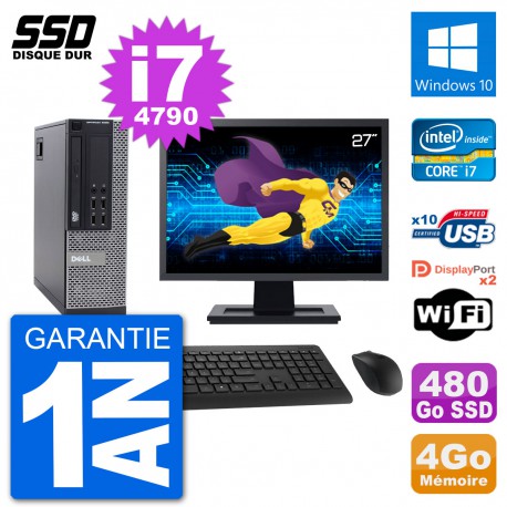 PC Dell 9020 SFF Ecran 27" Intel Core i7-4790 RAM 4Go SSD 480Go Windows 10 Wifi