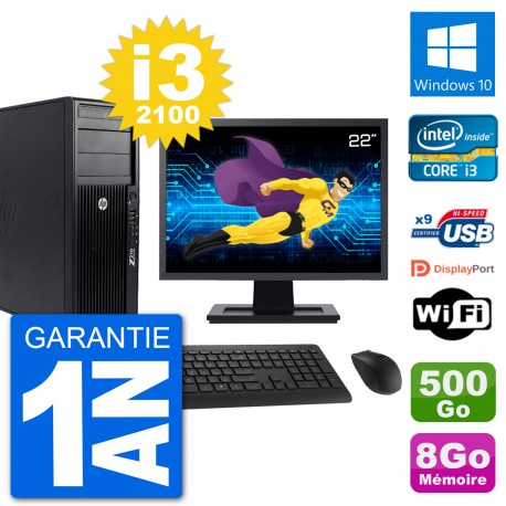 PC Tour HP Z210 Ecran 22" Intel i3-2100 RAM 8Go Disque Dur 500Go Windows 10 Wifi