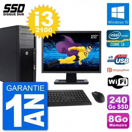 PC Tour HP Z210 Ecran 22" Intel i3-2100 RAM 8Go SSD 240Go Windows 10 Wifi