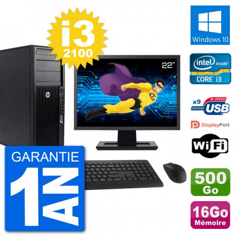 PC Tour HP Z210 Ecran 22" Intel i3-2100 RAM 16Go Disque Dur 500Go Windows 10 Wifi