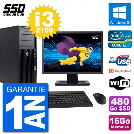 PC Tour HP Z210 Ecran 22" Intel i3-2100 RAM 16Go SSD 480Go Windows 10 Wifi