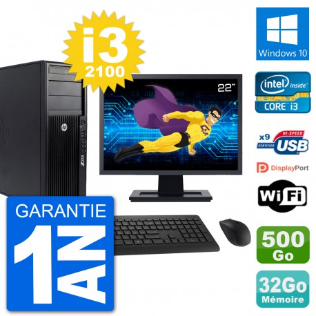 PC Tour HP Z210 Ecran 22" Intel i3-2100 RAM 32Go Disque Dur 500Go Windows 10 Wifi