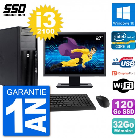 PC Tour HP Z210 Ecran 27" Intel i3-2100 RAM 32Go SSD 120Go Windows 10 Wifi