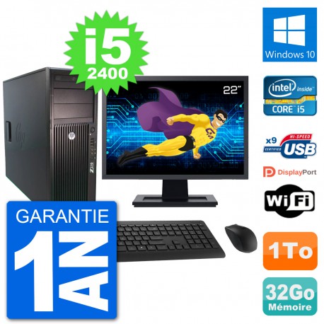 PC Tour HP Z210 Ecran 22" Intel i5-2400 RAM 32Go Disque Dur 1To Windows 10 Wifi