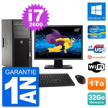 PC Tour HP Z210 Ecran 22" Intel i7-2600 RAM 32Go Disque Dur 1To Windows 10 Wifi