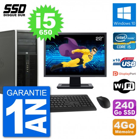 PC Tour HP 8100 Ecran 22" Intel Core i5-650 RAM 4Go SSD 240Go Windows 10 Wifi