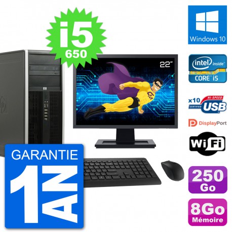 PC Tour HP 8100 Elite Ecran 22" Core i5-650 RAM 8Go Disque 250Go W11 Wifi