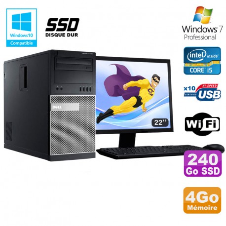 Lot PC Tour Dell 790 Core I5 3.1Ghz 4Go 240Go SSD DVD WIFI Win 7 + Ecran 22"