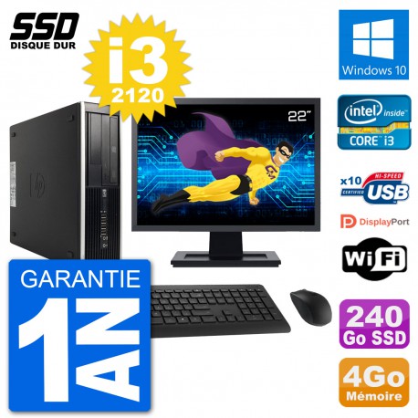 PC HP Compaq 6200 Pro SFF Ecran 22" i3-2120 RAM 4Go SSD 240Go Windows 10 Wifi