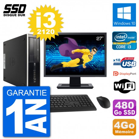 PC HP Compaq 6200 Pro SFF Ecran 27" i3-2120 RAM 4Go SSD 480Go Windows 10 Wifi