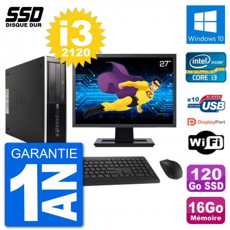 PC HP Compaq 6200 Pro SFF Ecran 27" i3-2120 RAM 16Go SSD 120Go Windows 10 Wifi