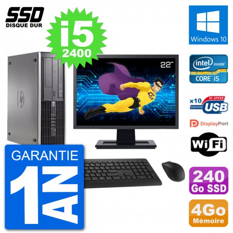PC HP Compaq 6200 Pro SFF Ecran 22" i5-2400 RAM 4Go SSD 240Go Windows 10 Wifi