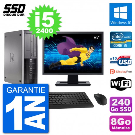 PC HP Compaq 6200 Pro SFF Ecran 27" i5-2400 RAM 8Go SSD 240Go Windows 10 Wifi