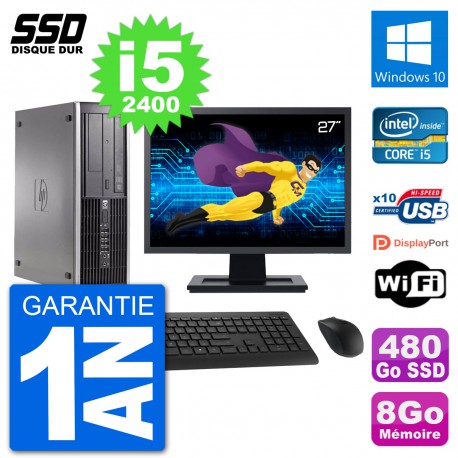PC HP Compaq 6200 Pro SFF Ecran 27" i5-2400 RAM 8Go SSD 480Go Windows 10 Wifi
