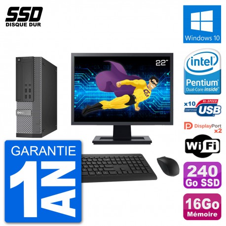 PC Dell 7020 SFF Ecran 22" Intel G3220 RAM 16Go SSD 240Go Windows 10 Wifi