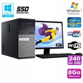 Lot PC Tour Dell 790 Core I5 3.1Ghz 8Go 240Go SSD DVD WIFI Win 7 + Ecran 22"