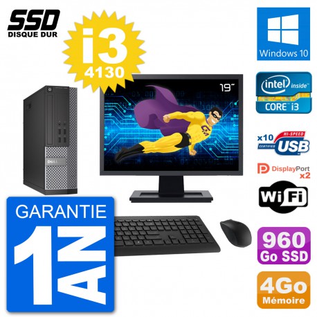 PC Dell 7020 SFF Ecran 19" Intel i3-4130 RAM 4Go SSD 960Go Windows 10 Wifi