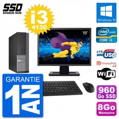 PC Dell 7020 SFF Ecran 19" Intel i3-4130 RAM 8Go SSD 960Go Windows 10 Wifi