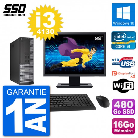PC Dell 7020 SFF Ecran 22" Intel i3-4130 RAM 16Go SSD 480Go Windows 10 Wifi