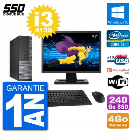 PC Dell 7020 SFF Ecran 27" Intel i3-4130 RAM 4Go SSD 240Go Windows 10 Wifi