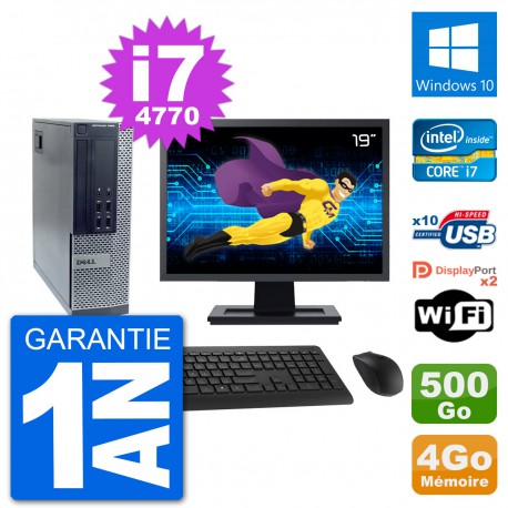 PC Dell 7020 SFF Ecran 19" Intel i7-4770 RAM 4Go Disque 500Go Windows 10 Wifi