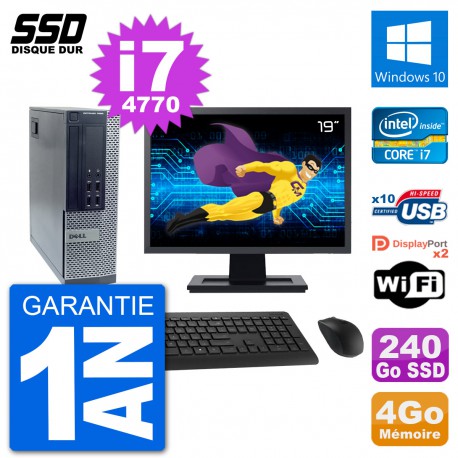 PC Dell 7020 SFF Ecran 19" Intel i7-4770 RAM 4Go SSD 240Go Windows 10 Wifi