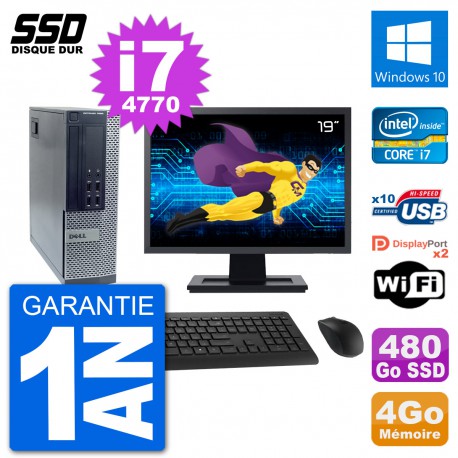 PC Dell 7020 SFF Ecran 19" Intel i7-4770 RAM 4Go SSD 480Go Windows 10 Wifi