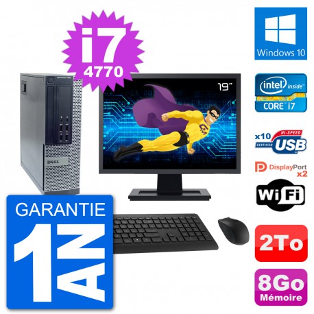 PC Dell 7020 SFF Ecran 19" Intel i7-4770 RAM 8Go Disque Dur 2To Windows 10 Wifi
