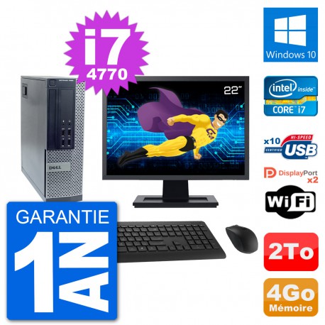 PC Dell 7020 SFF Ecran 22" Intel i7-4770 RAM 4Go Disque Dur 2To Windows 10 Wifi