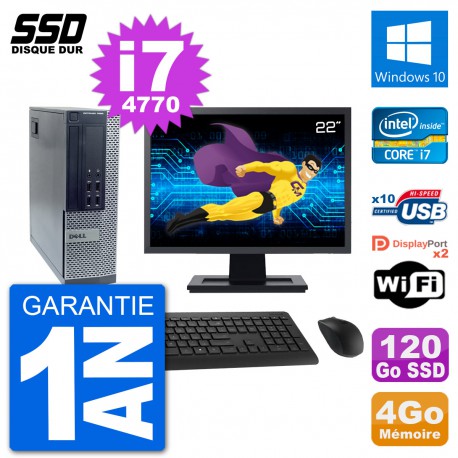 PC Dell 7020 SFF Ecran 22" Intel i7-4770 RAM 4Go SSD 120Go Windows 10 Wifi