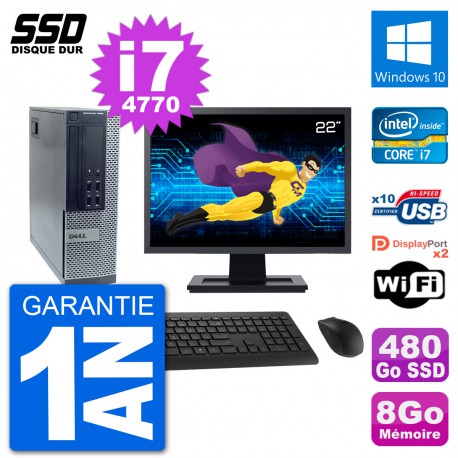 PC Dell 7020 SFF Ecran 22" Intel i7-4770 RAM 8Go SSD 480Go Windows 10 Wifi