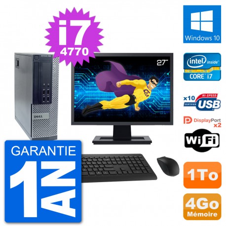 PC Dell 7020 SFF Ecran 27" Intel i7-4770 RAM 4Go Disque Dur 1To Windows 10 Wifi