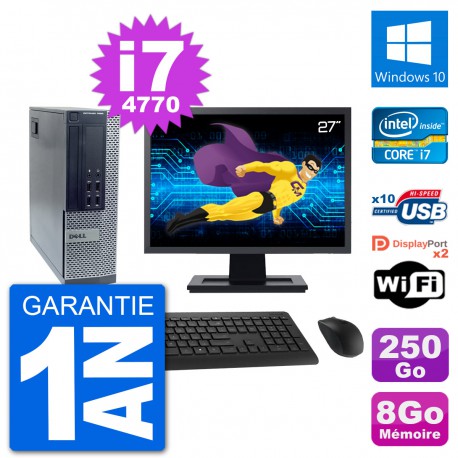 PC Dell 7020 SFF Ecran 27" Intel i7-4770 RAM 8Go Disque 250Go Windows 10 Wifi