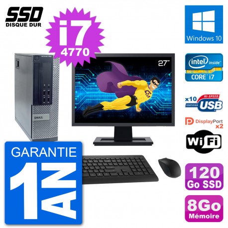 PC Dell 7020 SFF Ecran 27" Intel i7-4770 RAM 8Go SSD 120Go Windows 10 Wifi