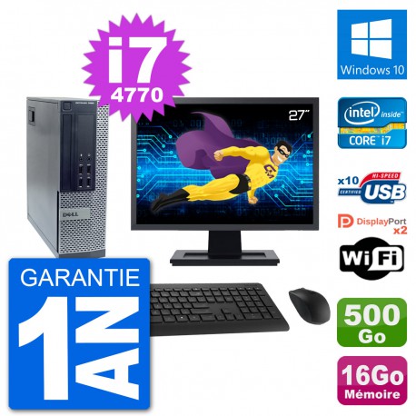 PC Dell 7020 SFF Ecran 27" Intel i7-4770 RAM 16Go Disque 500Go Windows 10 Wifi