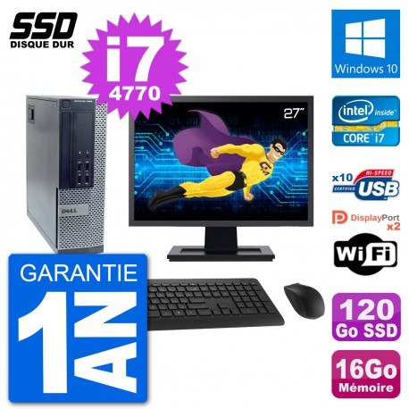 PC Dell 7020 SFF Ecran 27" Intel i7-4770 RAM 16Go SSD 120Go Windows 10 Wifi