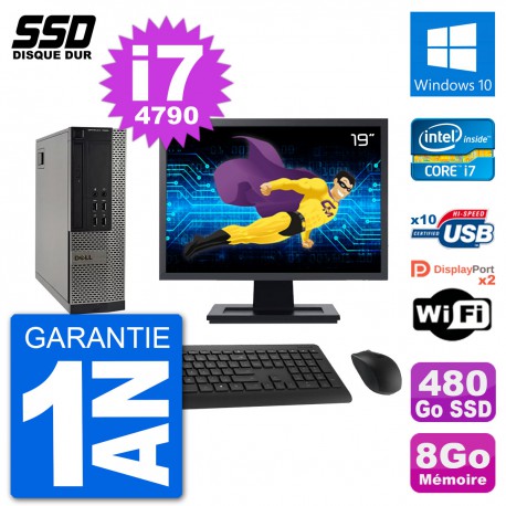PC Dell 7020 SFF Ecran 19" Intel i7-4790 RAM 8Go SSD 480Go Windows 10 Wifi