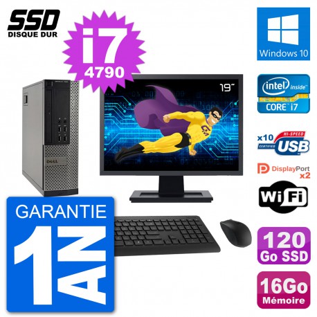 PC Dell 7020 SFF Ecran 19" Intel i7-4790 RAM 16Go SSD 120Go Windows 10 Wifi