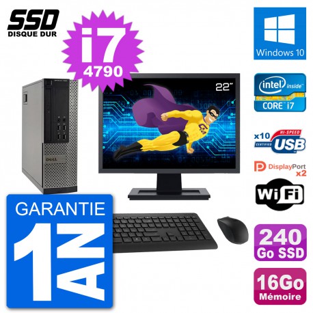PC Dell 7020 SFF Ecran 22" Intel i7-4790 RAM 16Go SSD 240Go Windows 10 Wifi