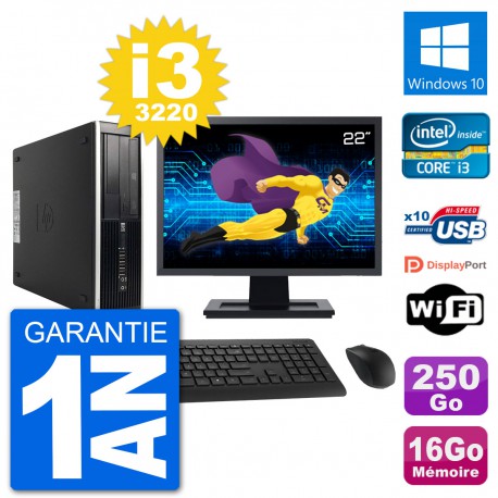 PC HP Compaq Pro 6300 SFF Ecran 22" Intel i3-3220 RAM 16Go 250Go Windows 10 Wifi