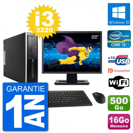 PC HP Compaq Pro 6300 SFF Ecran 22" Intel i3-3220 RAM 16Go 500Go Windows 10 Wifi
