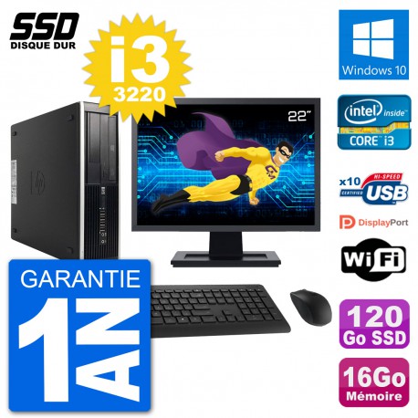 PC HP Compaq Pro 6300 SFF Ecran 22" i3-3220 RAM 16Go SSD 120Go Windows 10 Wifi