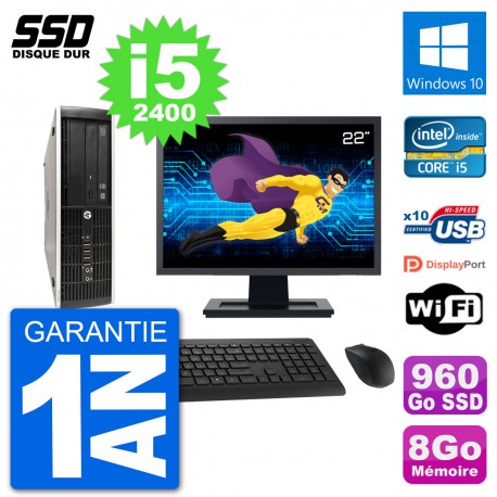 PC HP Compaq Pro 6300 SFF Ecran 22" i5-2400 RAM 8Go SSD 960Go Windows 10 Wifi