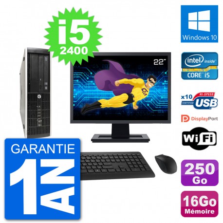 PC HP Compaq Pro 6300 SFF Ecran 22" Intel i5-2400 RAM 16Go 250Go Windows 10 Wifi